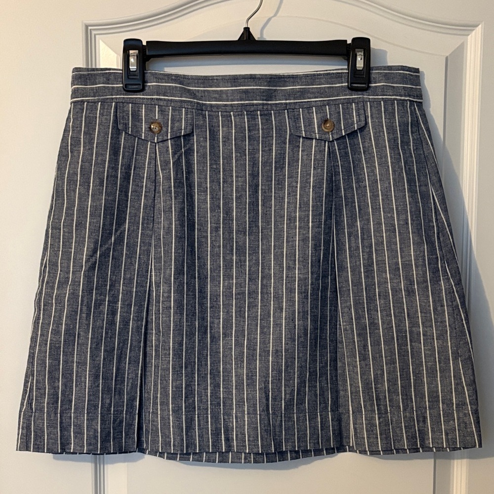 J. Crew Navy and White Striped Pleated Skirt